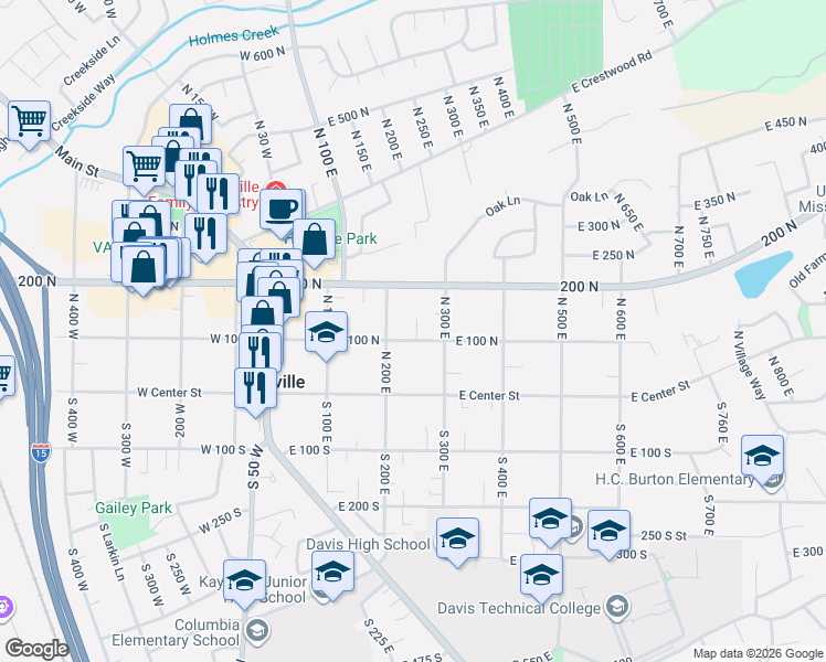 map of restaurants, bars, coffee shops, grocery stores, and more near 237 East 100 South in Kaysville