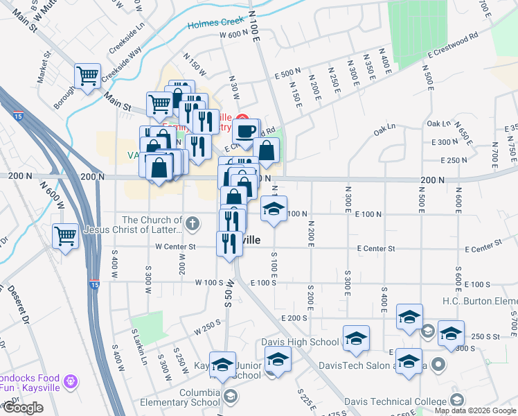 map of restaurants, bars, coffee shops, grocery stores, and more near 150 Main Street in Kaysville