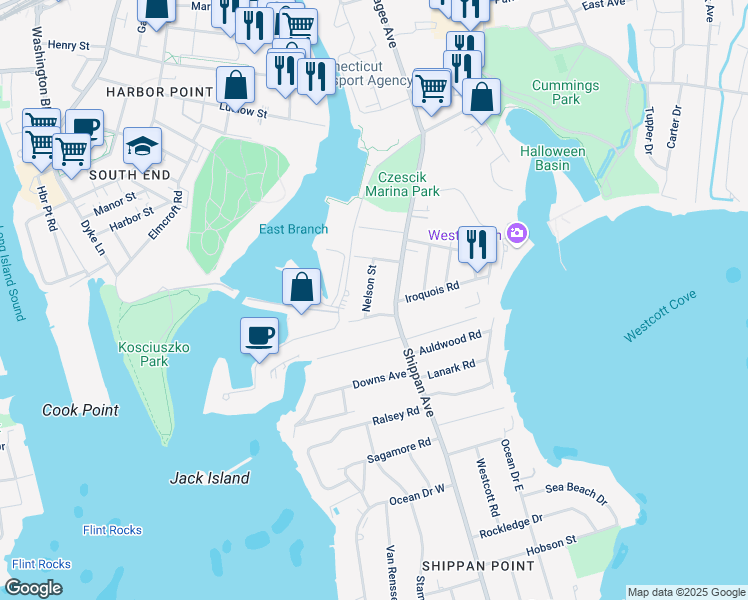 map of restaurants, bars, coffee shops, grocery stores, and more near 23 Nelson Street in Stamford