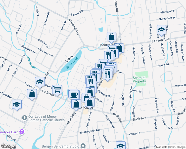 map of restaurants, bars, coffee shops, grocery stores, and more near 124 Hawthorne Avenue in Park Ridge