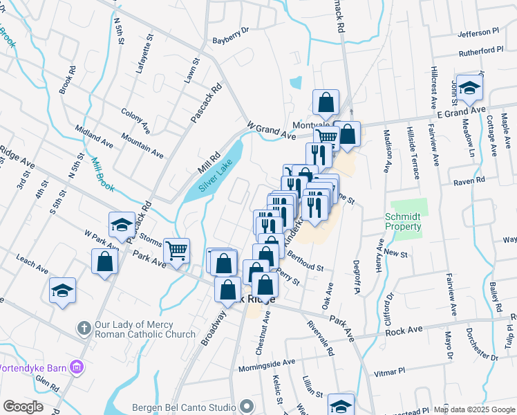map of restaurants, bars, coffee shops, grocery stores, and more near 85 Hawthorne Avenue in Park Ridge