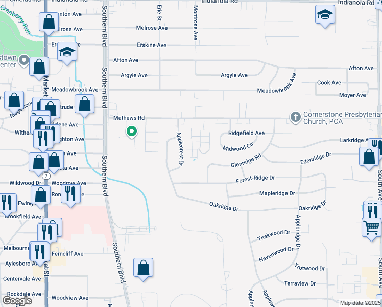 map of restaurants, bars, coffee shops, grocery stores, and more near 6018 Applecrest Court in Youngstown