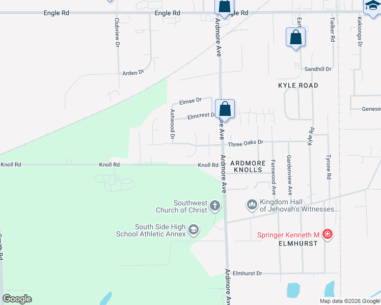 map of restaurants, bars, coffee shops, grocery stores, and more near 4015 Three Oaks Drive in Fort Wayne