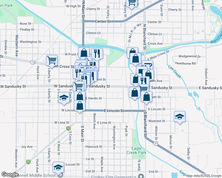 map of restaurants, bars, coffee shops, grocery stores, and more near 313 East Sandusky Street in Findlay