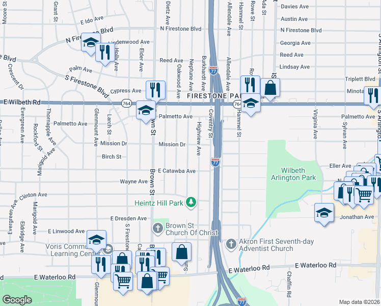 map of restaurants, bars, coffee shops, grocery stores, and more near 1601 Sunset Avenue in Akron