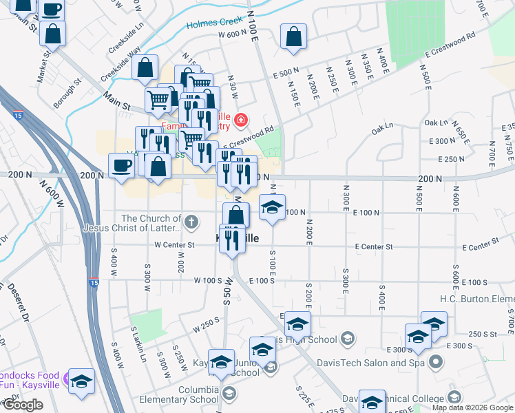 map of restaurants, bars, coffee shops, grocery stores, and more near 150 Main Street in Kaysville