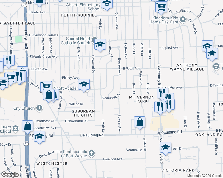 map of restaurants, bars, coffee shops, grocery stores, and more near 5202 Mount Vernon Park Drive in Fort Wayne
