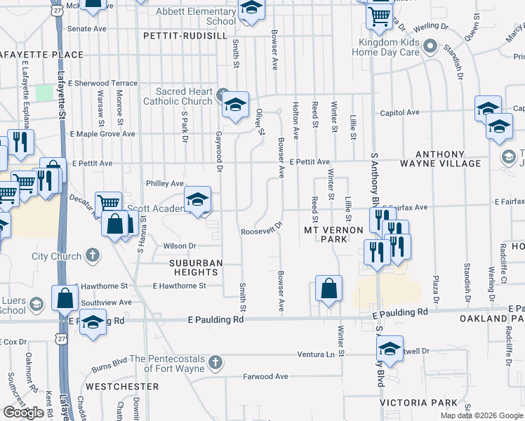 map of restaurants, bars, coffee shops, grocery stores, and more near 5119 East Fairfax Avenue in Fort Wayne