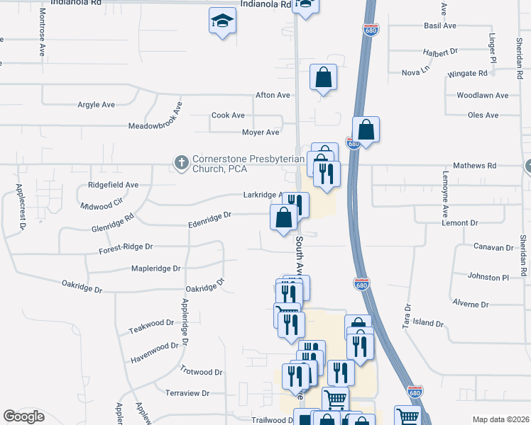 map of restaurants, bars, coffee shops, grocery stores, and more near 934 Edenridge Drive in Youngstown