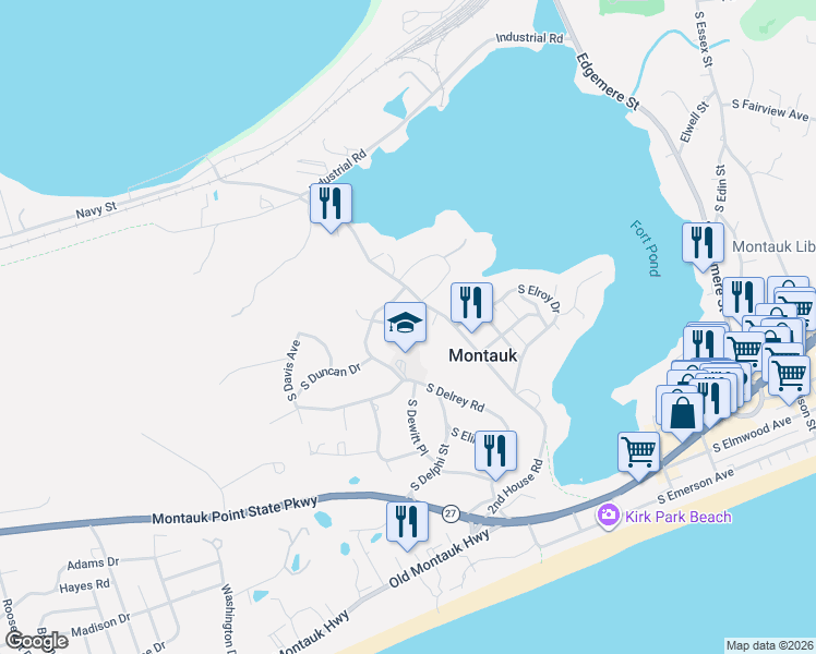 map of restaurants, bars, coffee shops, grocery stores, and more near 16 South Debusy Road in Montauk