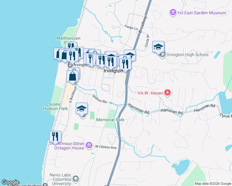 map of restaurants, bars, coffee shops, grocery stores, and more near 30 South Broadway in Irvington