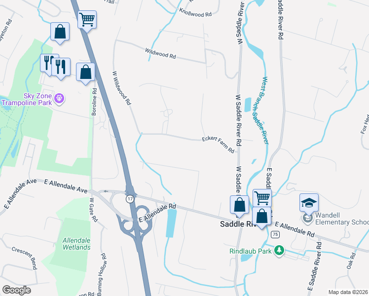 map of restaurants, bars, coffee shops, grocery stores, and more near 14 Eckert Farm Road in Saddle River