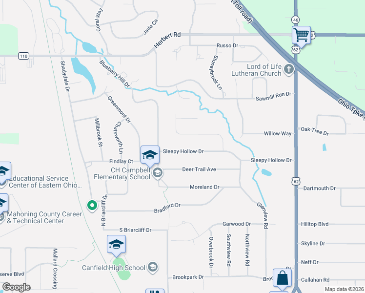 map of restaurants, bars, coffee shops, grocery stores, and more near 330 Sleepy Hollow Dr in Canfield