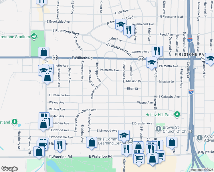 map of restaurants, bars, coffee shops, grocery stores, and more near 1705 Thornapple Avenue in Akron