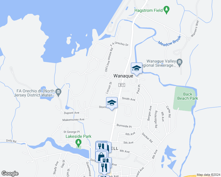 map of restaurants, bars, coffee shops, grocery stores, and more near 14 Locust Street in Wanaque