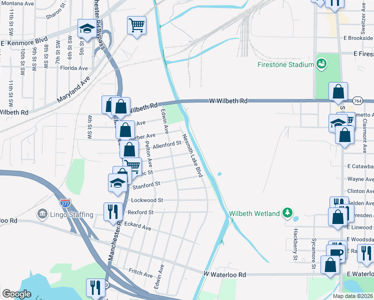 map of restaurants, bars, coffee shops, grocery stores, and more near 371 Westmoreland Street in Akron
