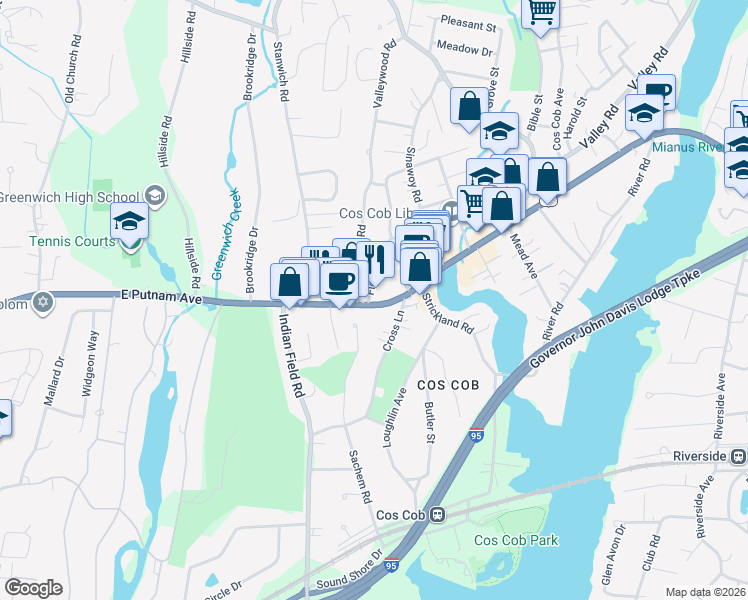 map of restaurants, bars, coffee shops, grocery stores, and more near 40 East Putnam Avenue in Greenwich