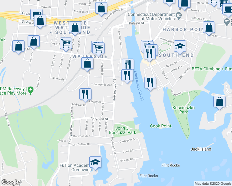 map of restaurants, bars, coffee shops, grocery stores, and more near 69 Southfield Avenue in Stamford