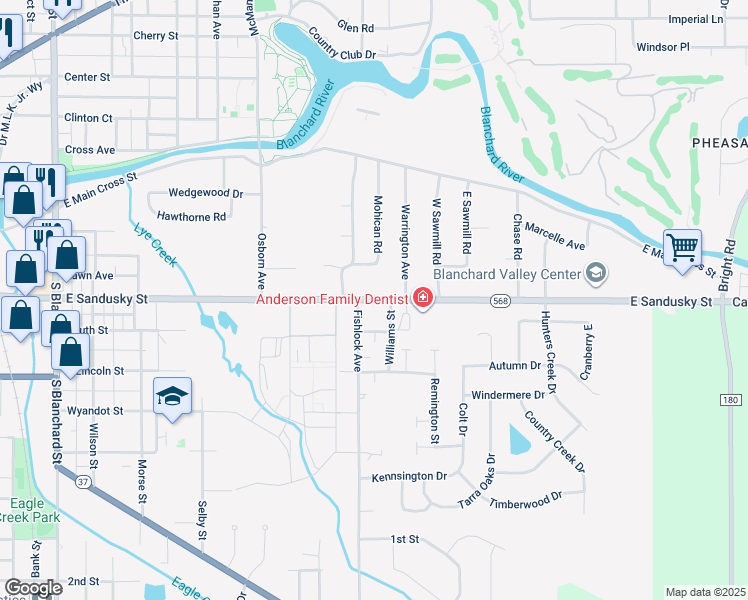 map of restaurants, bars, coffee shops, grocery stores, and more near 1118 East Sandusky Street in Findlay