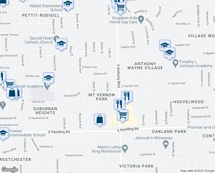 map of restaurants, bars, coffee shops, grocery stores, and more near 5198 Lillie Street in Fort Wayne