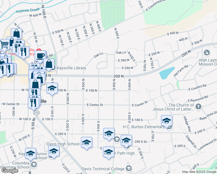 map of restaurants, bars, coffee shops, grocery stores, and more near 485 East 100 North in Kaysville