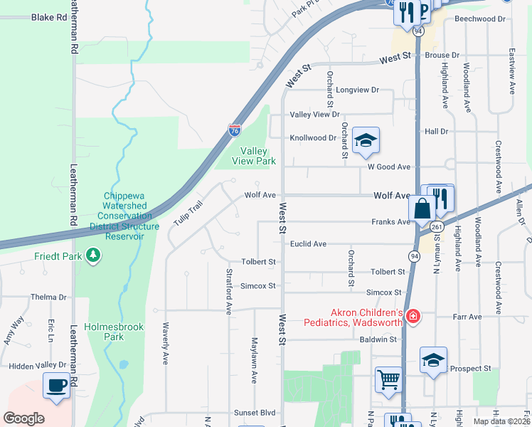 map of restaurants, bars, coffee shops, grocery stores, and more near 320 Franks Avenue in Wadsworth