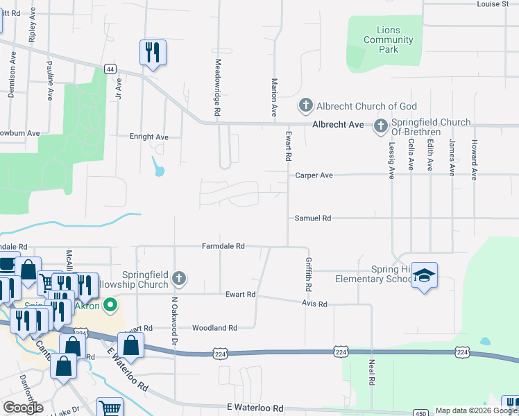 map of restaurants, bars, coffee shops, grocery stores, and more near 520 Ewart Road in Akron