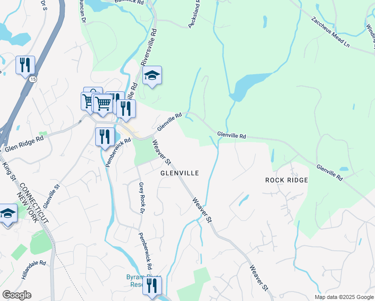 map of restaurants, bars, coffee shops, grocery stores, and more near 255 Weaver Street in Greenwich