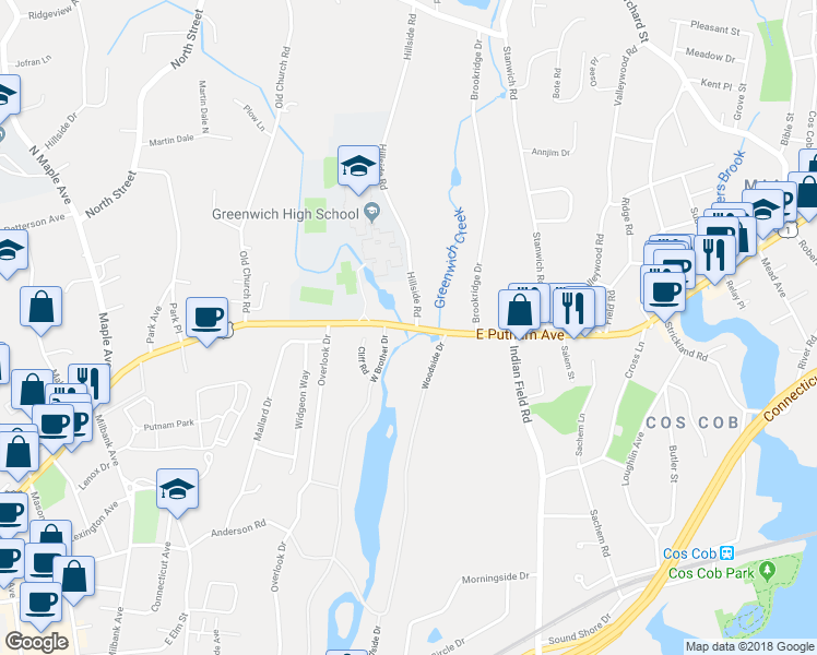 map of restaurants, bars, coffee shops, grocery stores, and more near 444 East Putnam Avenue in Greenwich