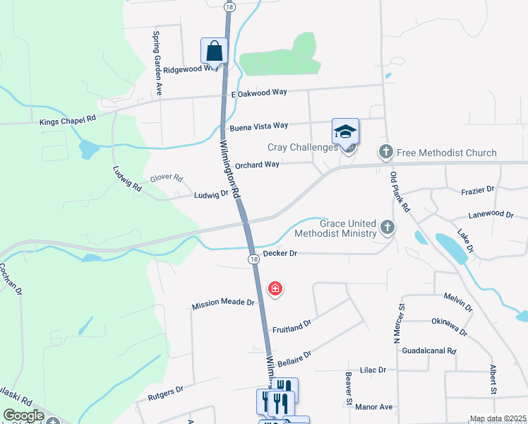 map of restaurants, bars, coffee shops, grocery stores, and more near 3974 Wilmington Road in New Castle