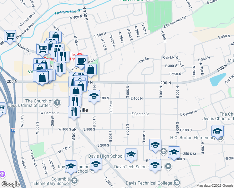 map of restaurants, bars, coffee shops, grocery stores, and more near 237 East 100 South in Kaysville