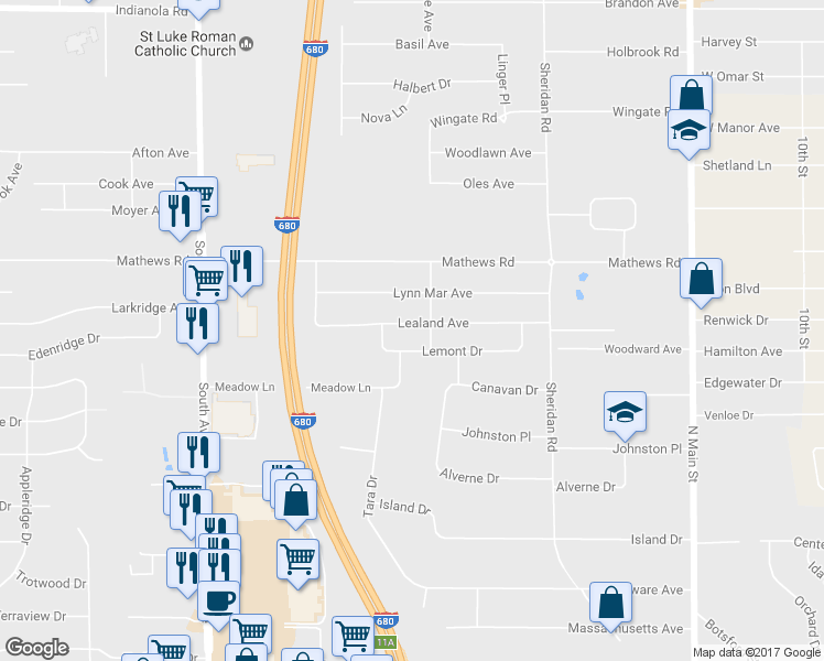map of restaurants, bars, coffee shops, grocery stores, and more near 1787 Lealand Avenue in Youngstown
