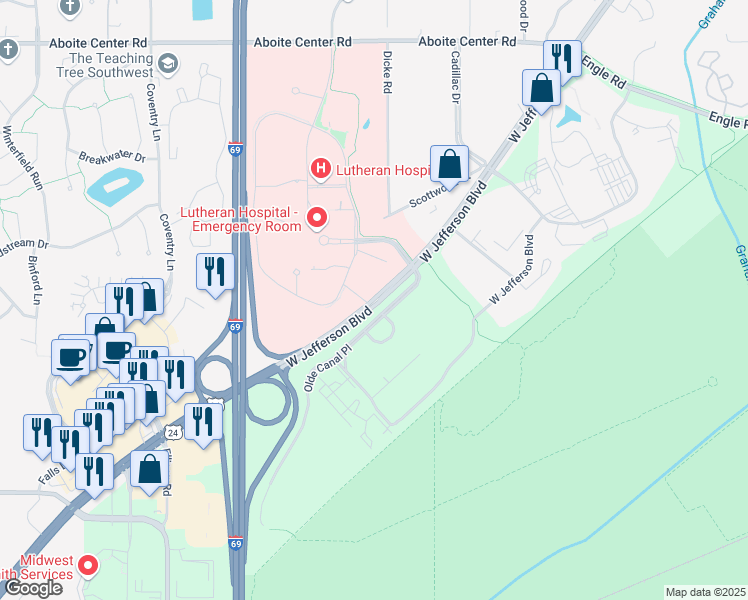 map of restaurants, bars, coffee shops, grocery stores, and more near 8370 West Jefferson Boulevard in Fort Wayne