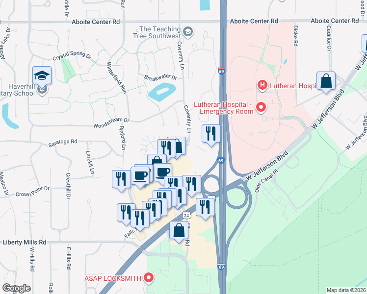 map of restaurants, bars, coffee shops, grocery stores, and more near 5224 Coventry Lane in Fort Wayne