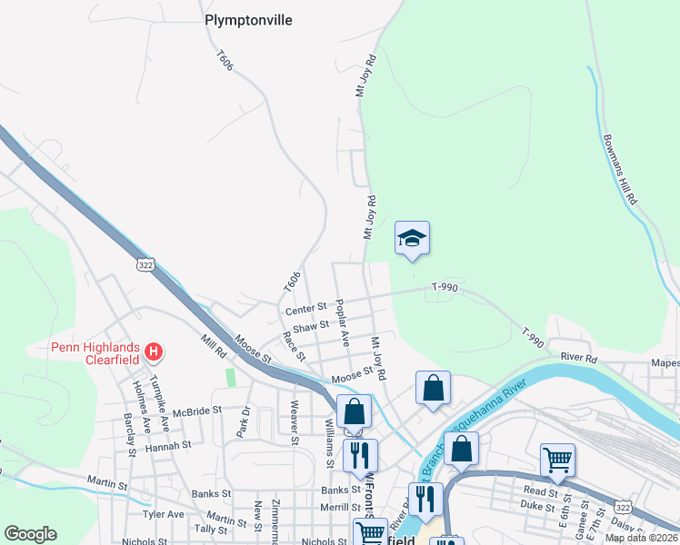 map of restaurants, bars, coffee shops, grocery stores, and more near 421 Poplar Avenue in Clearfield