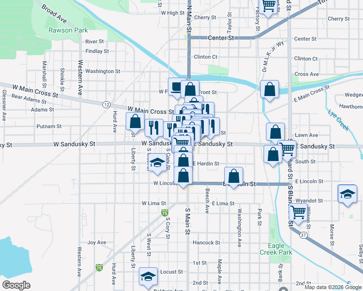 map of restaurants, bars, coffee shops, grocery stores, and more near 500 S Main St in Findlay