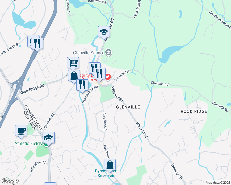 map of restaurants, bars, coffee shops, grocery stores, and more near 257 Weaver Street in Greenwich