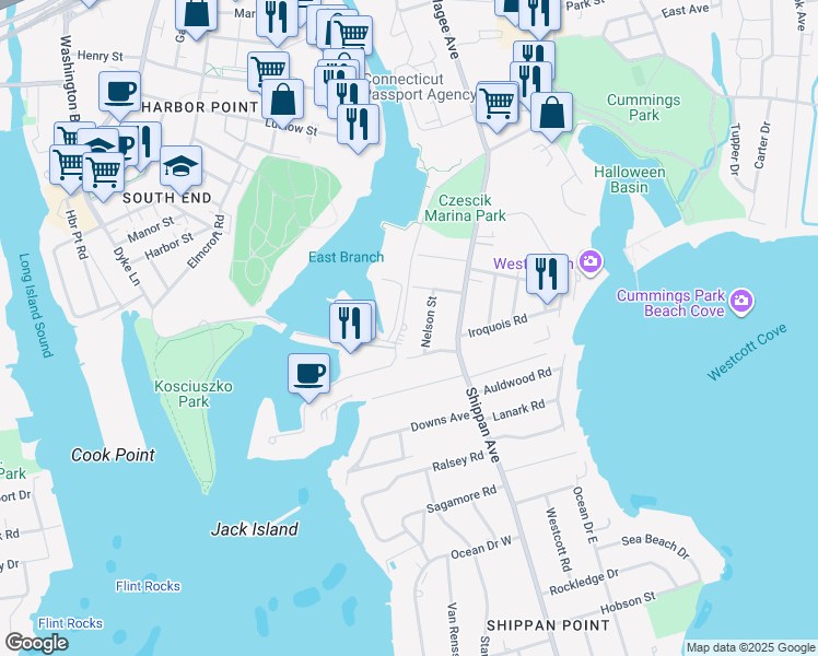map of restaurants, bars, coffee shops, grocery stores, and more near 108 Harbor Drive in Stamford