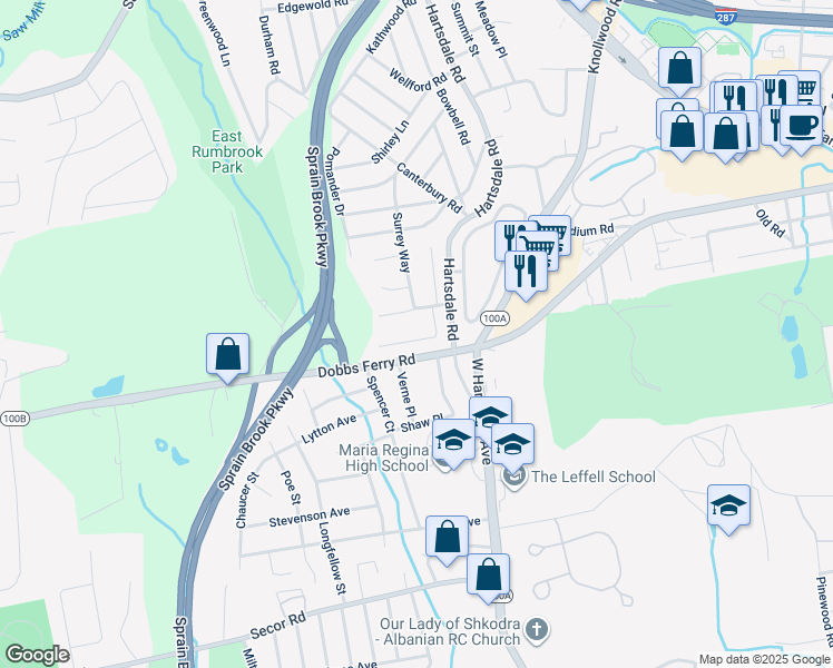 map of restaurants, bars, coffee shops, grocery stores, and more near 16 Primrose Avenue West in White Plains
