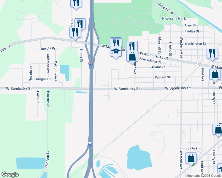 map of restaurants, bars, coffee shops, grocery stores, and more near 452 Winthrop Drive in Findlay