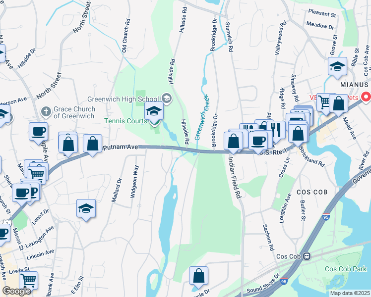 map of restaurants, bars, coffee shops, grocery stores, and more near 400 East Putnam Avenue in Greenwich