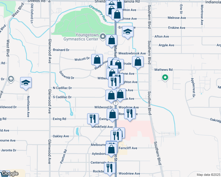 map of restaurants, bars, coffee shops, grocery stores, and more near 32 North Cadillac Drive in Youngstown