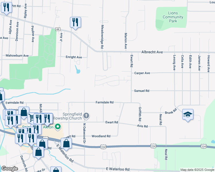 map of restaurants, bars, coffee shops, grocery stores, and more near 93 Wilpark Drive in Akron