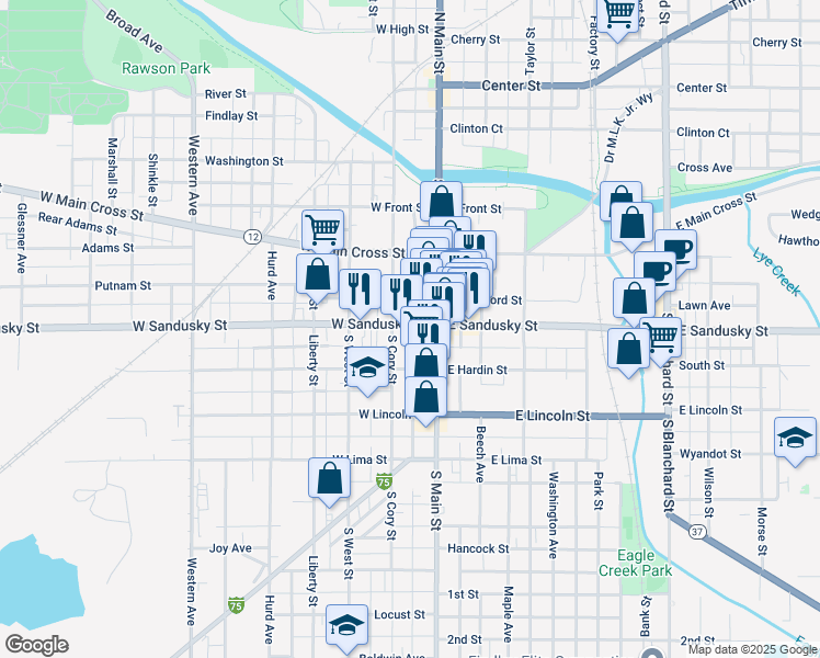 map of restaurants, bars, coffee shops, grocery stores, and more near 519 South Cory Street in Findlay