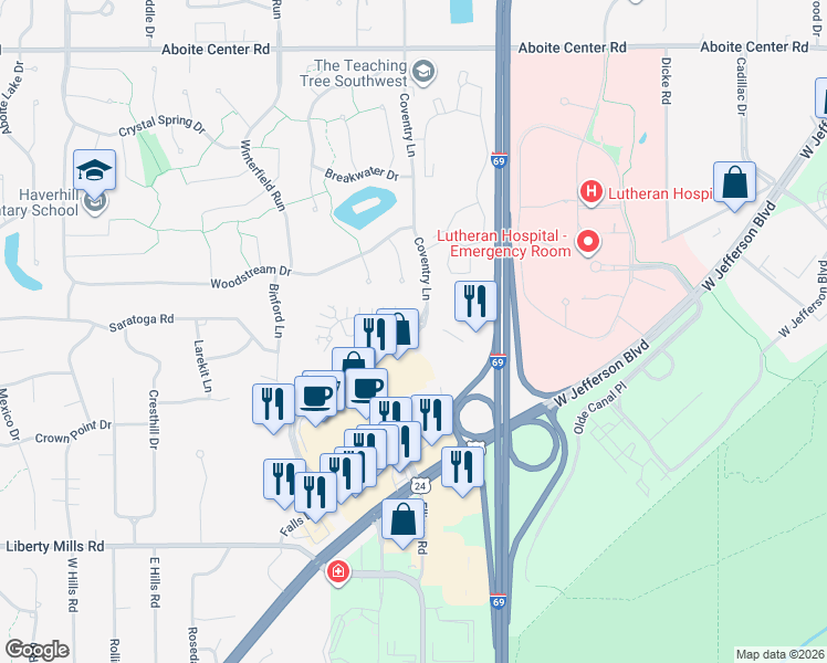 map of restaurants, bars, coffee shops, grocery stores, and more near 5224 Coventry Lane in Fort Wayne