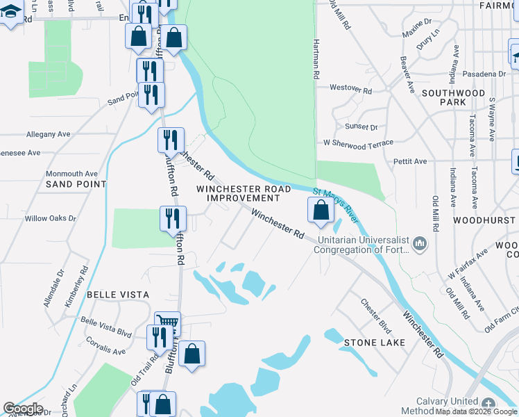 map of restaurants, bars, coffee shops, grocery stores, and more near 5205 Winchester Road in Fort Wayne