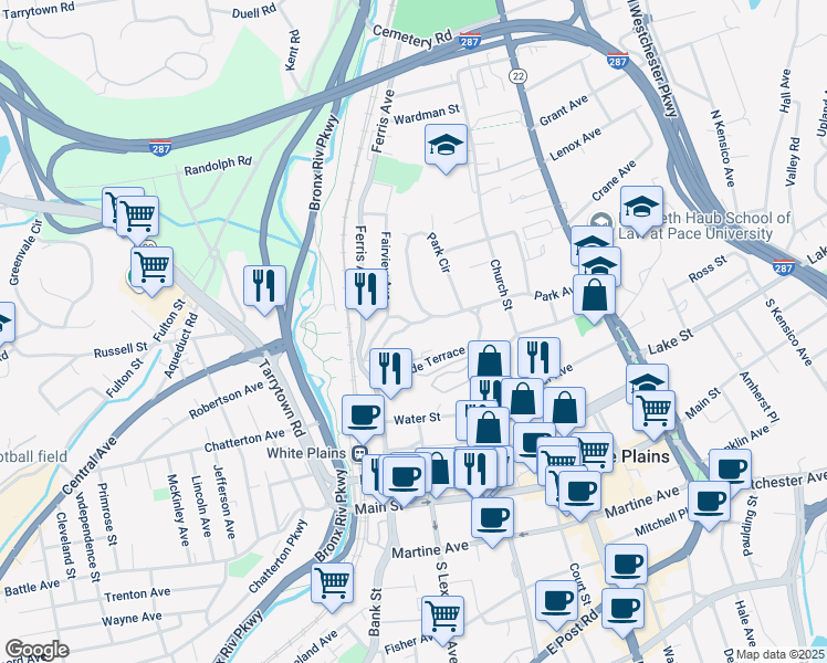 map of restaurants, bars, coffee shops, grocery stores, and more near 60 Park Avenue in White Plains