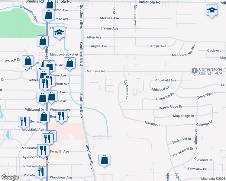 map of restaurants, bars, coffee shops, grocery stores, and more near 197 Mathews Road in Youngstown