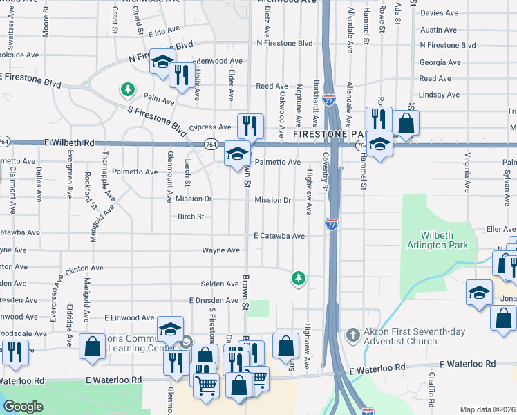 map of restaurants, bars, coffee shops, grocery stores, and more near 1635 Brown Street in Akron