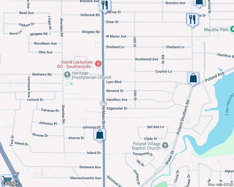 map of restaurants, bars, coffee shops, grocery stores, and more near 55 Renwick Drive in Poland